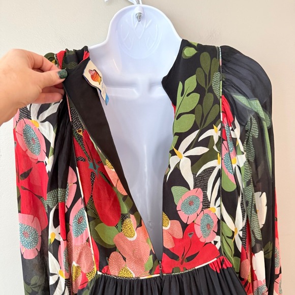 Farm Rio Anthropologie Floral Maxi Dress Black Red VNeck Long Sleeve Small Boho - Picture 9 of 16